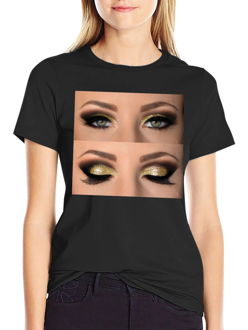 Glam Eyes Graphic Tee - Black Cotton Casual Wear