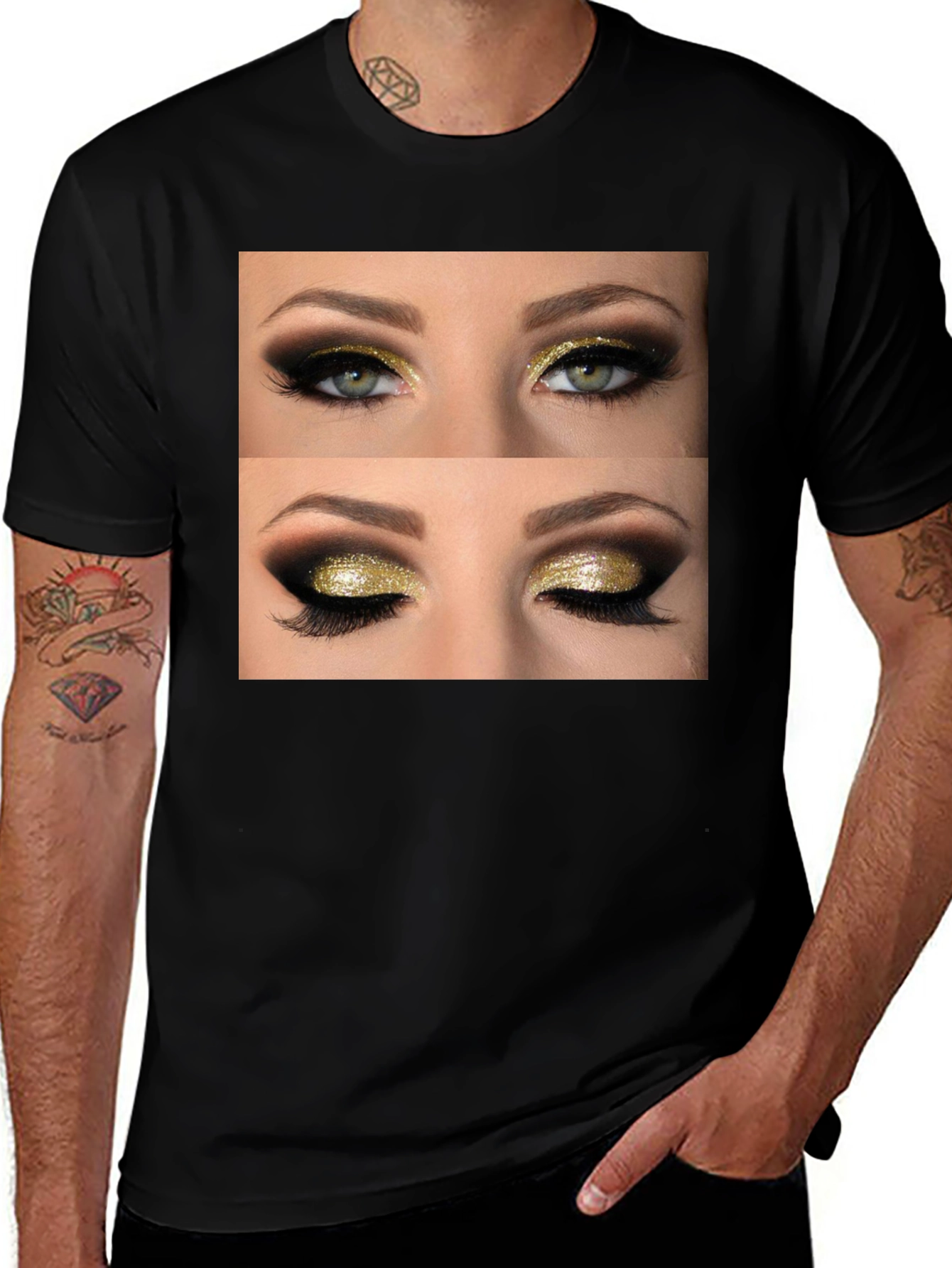 Glam Eyes Graphic Tee - Black Cotton Casual Wear