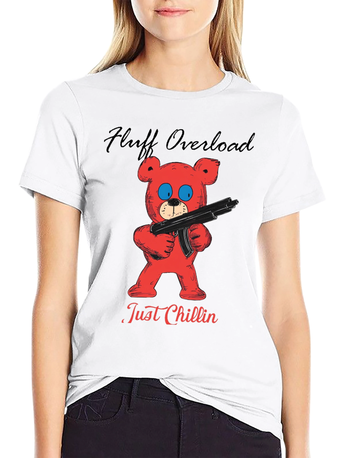 Fluff Overload T-Shirt: Red Bear with Gun