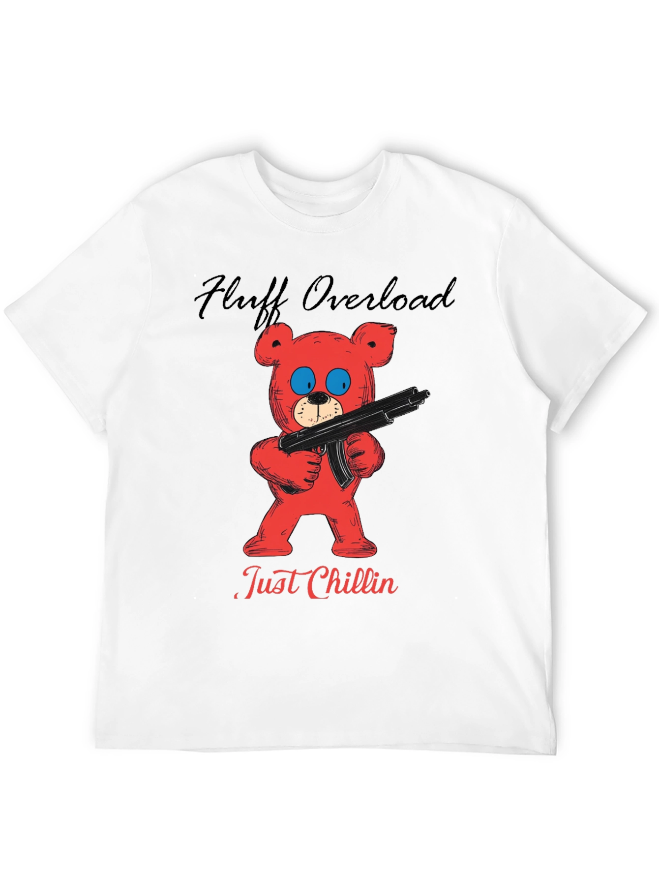 Fluff Overload T-Shirt: Red Bear with Gun