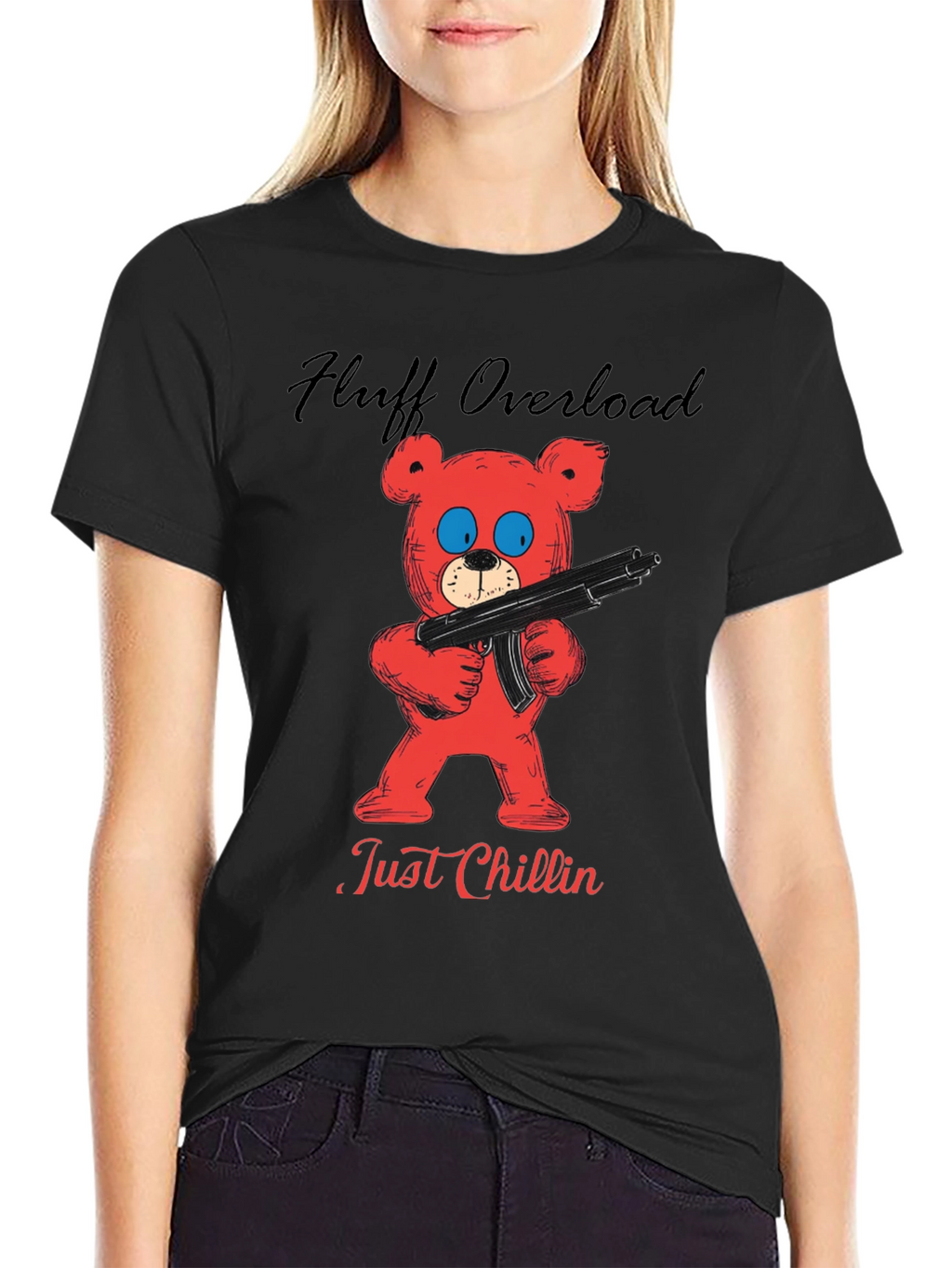 Fluff Overload T-Shirt: Red Bear with Gun