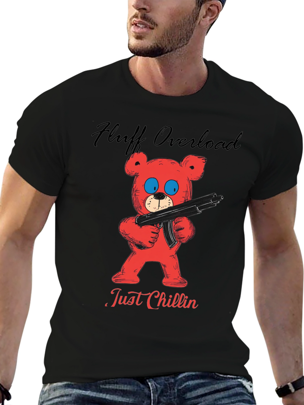 Fluff Overload T-Shirt: Red Bear with Gun