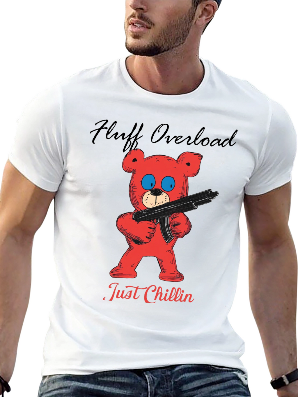 Fluff Overload T-Shirt: Red Bear with Gun